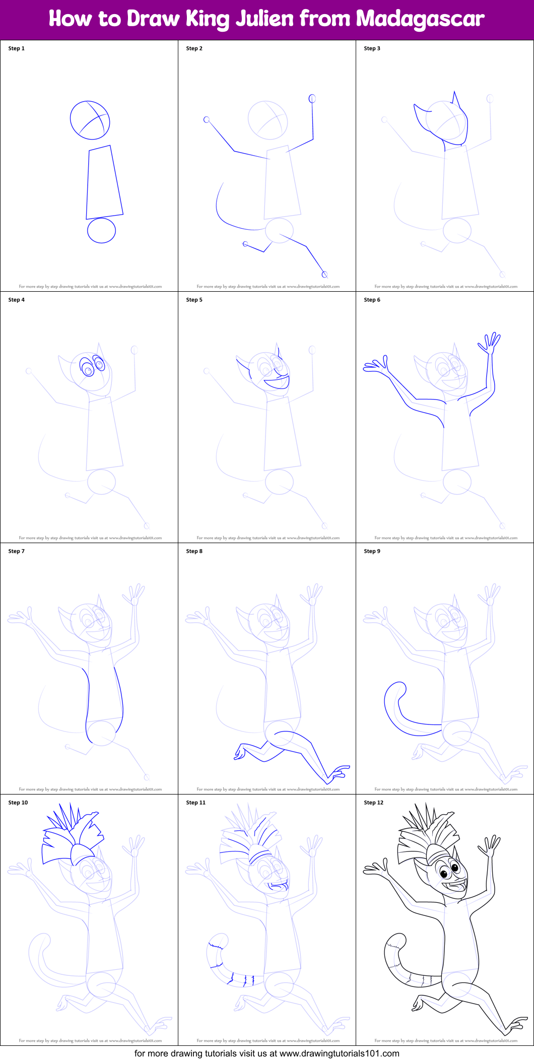 How to Draw King Julien from Madagascar printable step by step drawing