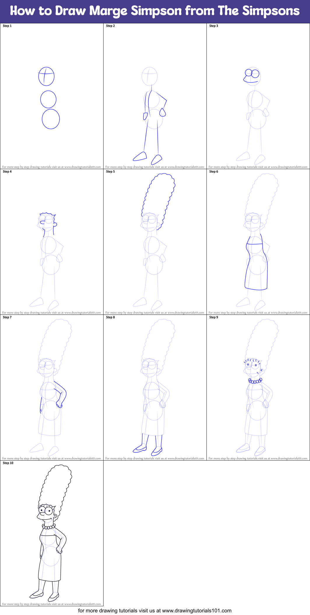 how to draw marge simpson step by step for kids