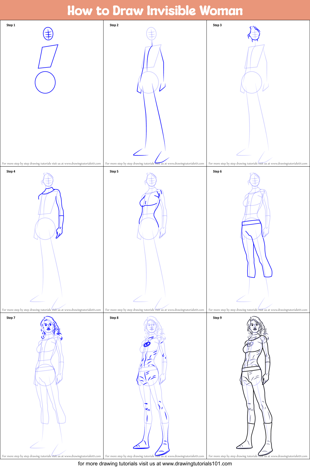 How to Draw Invisible Woman printable step by step drawing