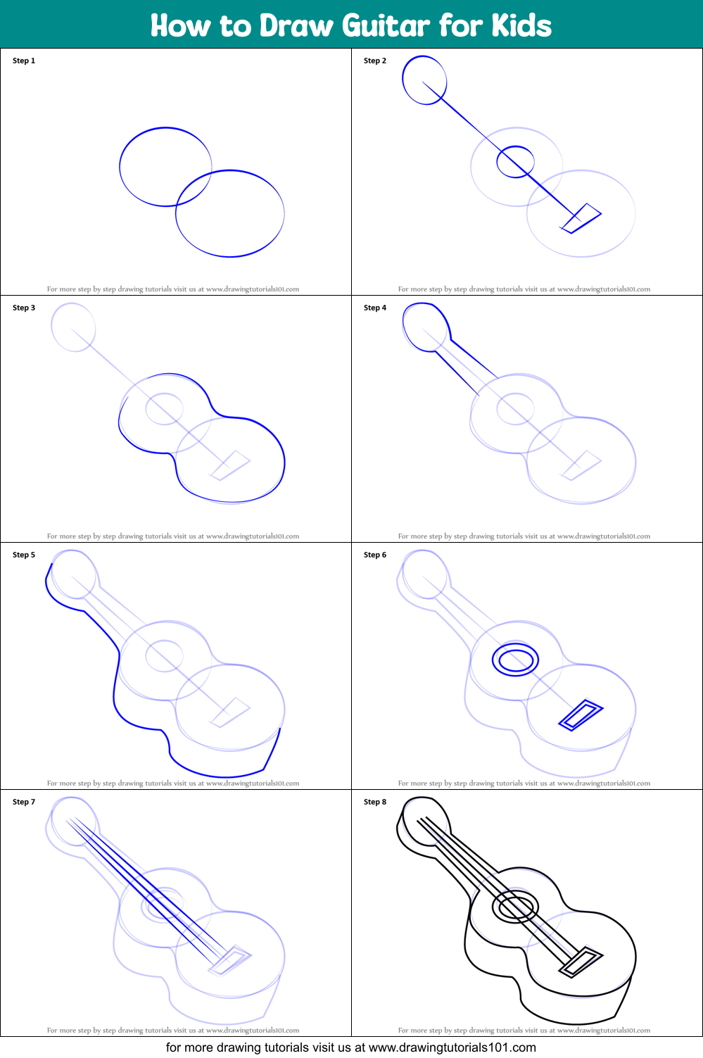 How to Draw Guitar for Kids printable step by step drawing
