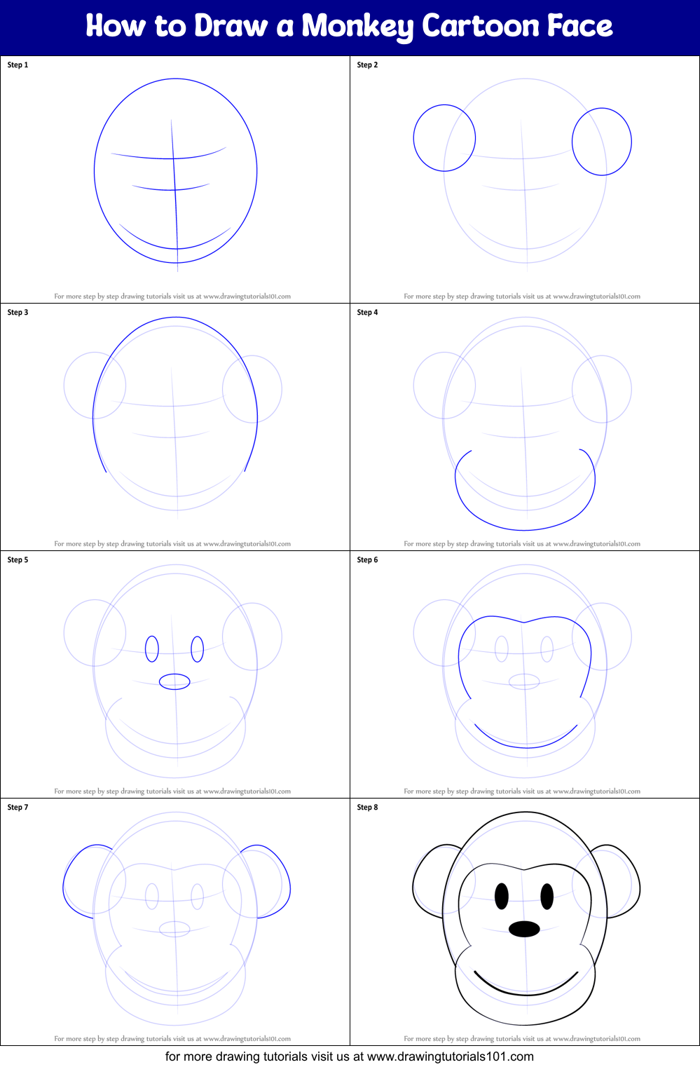 How to Draw a Monkey Cartoon Face printable step by step drawing sheet :  
