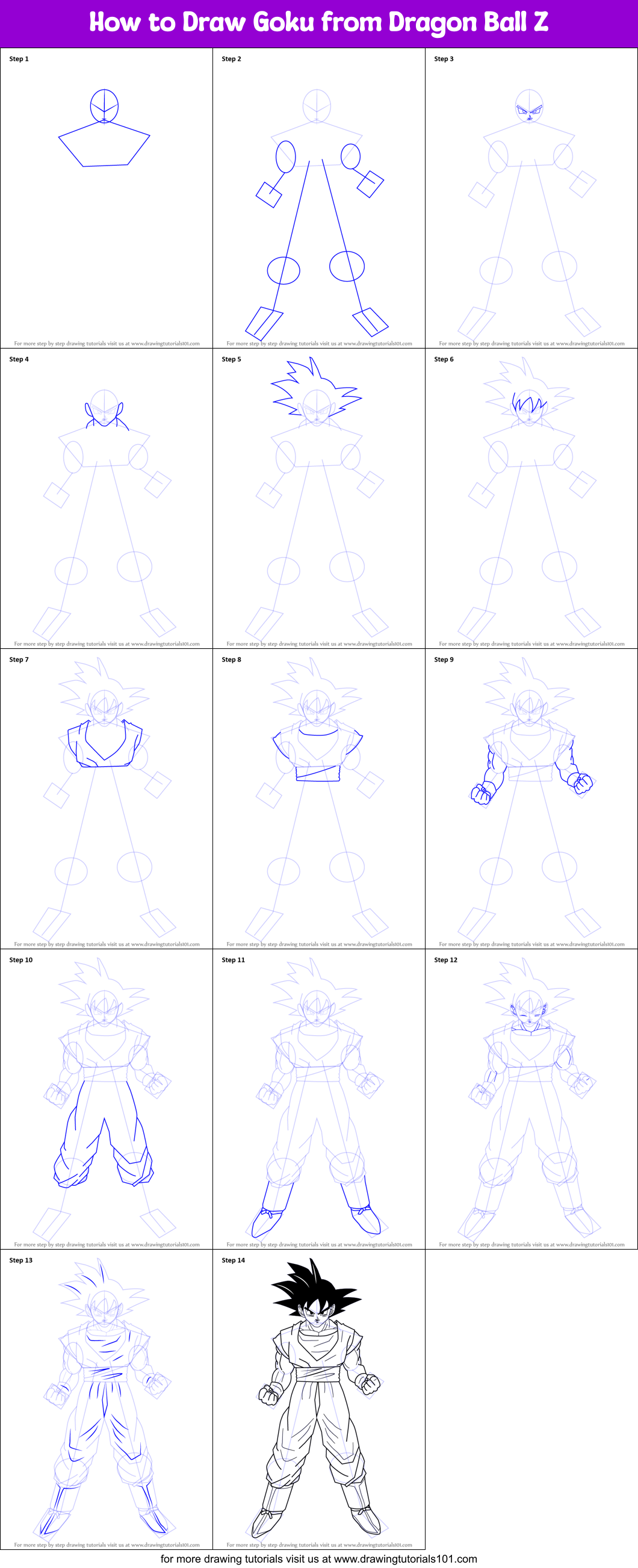 How to Draw Goku from Dragon Ball Z printable step by step drawing sheet :  