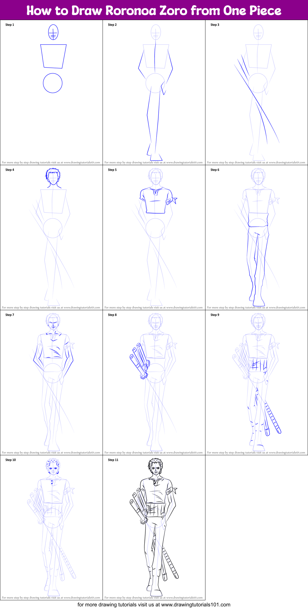 How To Draw Roronoa Zoro From One Piece Printable Step By Step Drawing Sheet Drawingtutorials101 Com