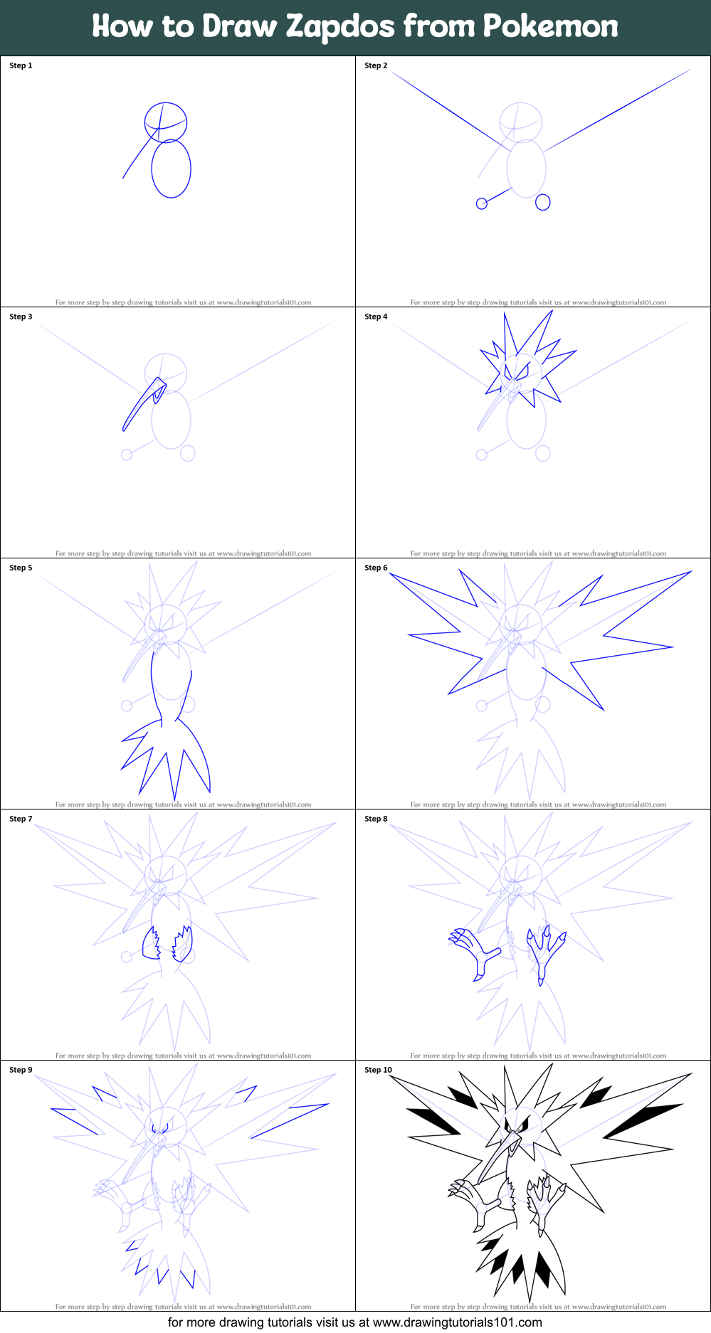 Ære klinge influenza How to Draw Zapdos from Pokemon printable step by step drawing sheet :  DrawingTutorials101.com