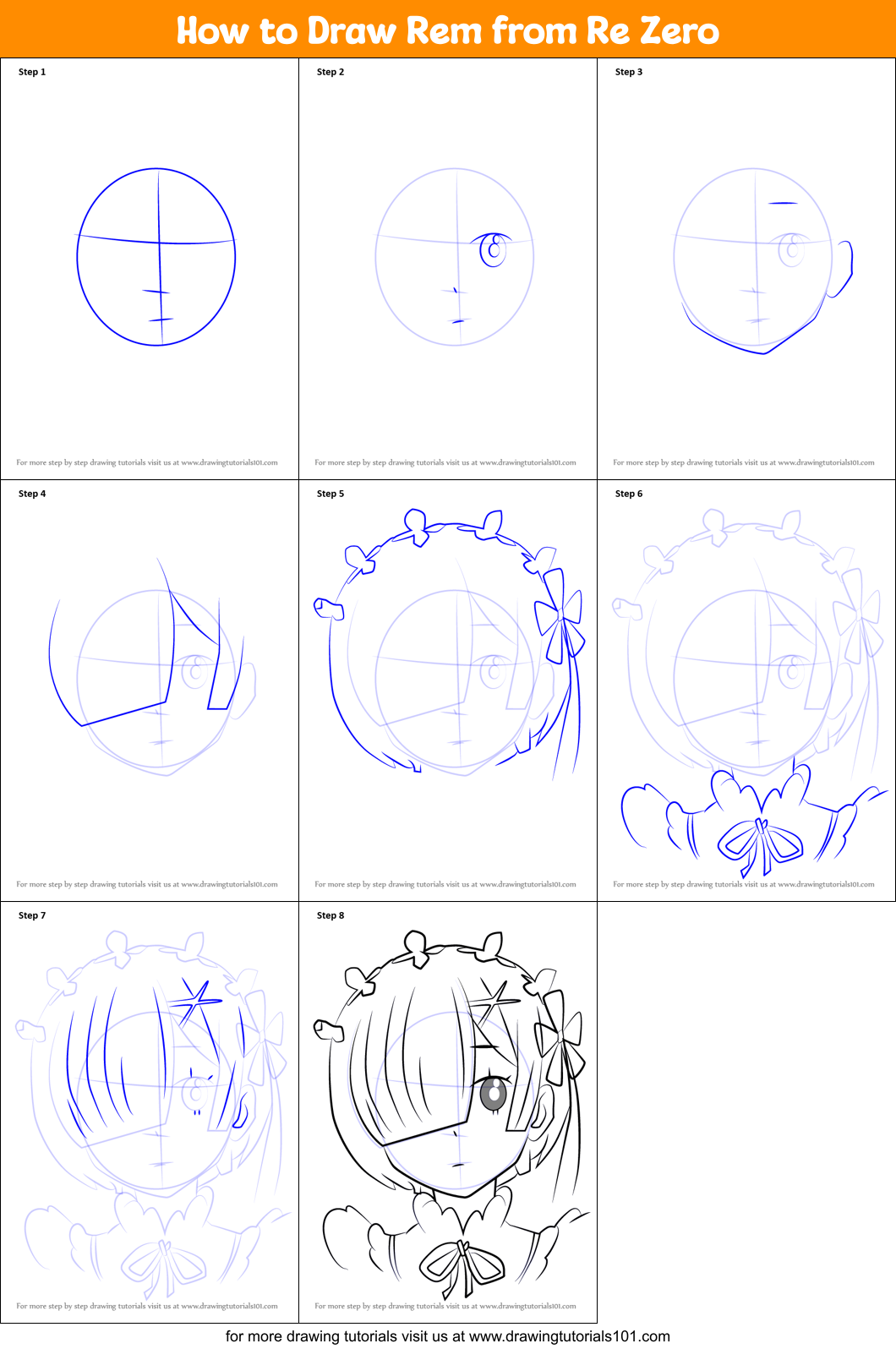 How to Draw Rem from Re Zero printable step by step drawing sheet :  