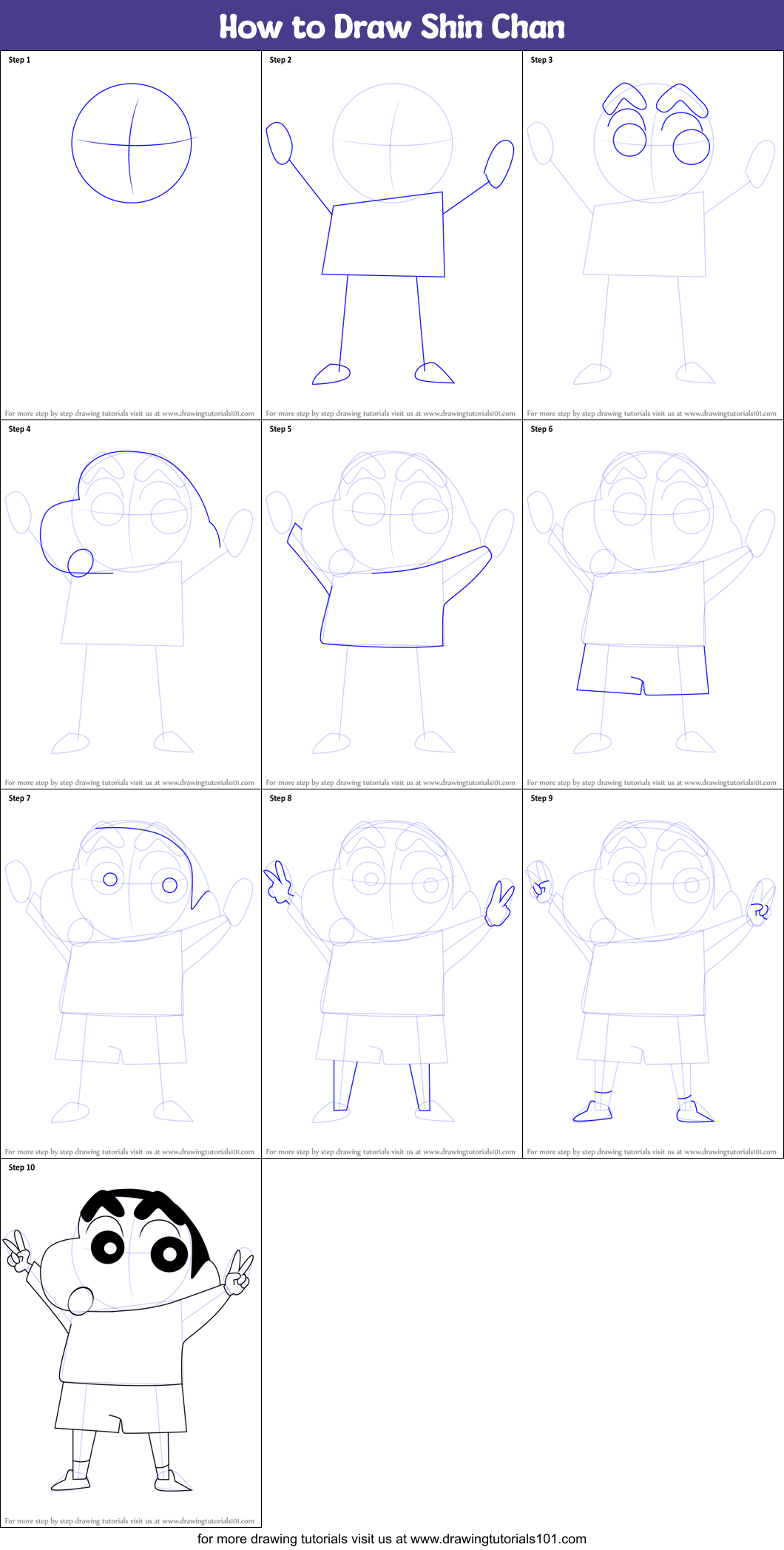 How to Draw Shin Chan printable step by step drawing sheet :  