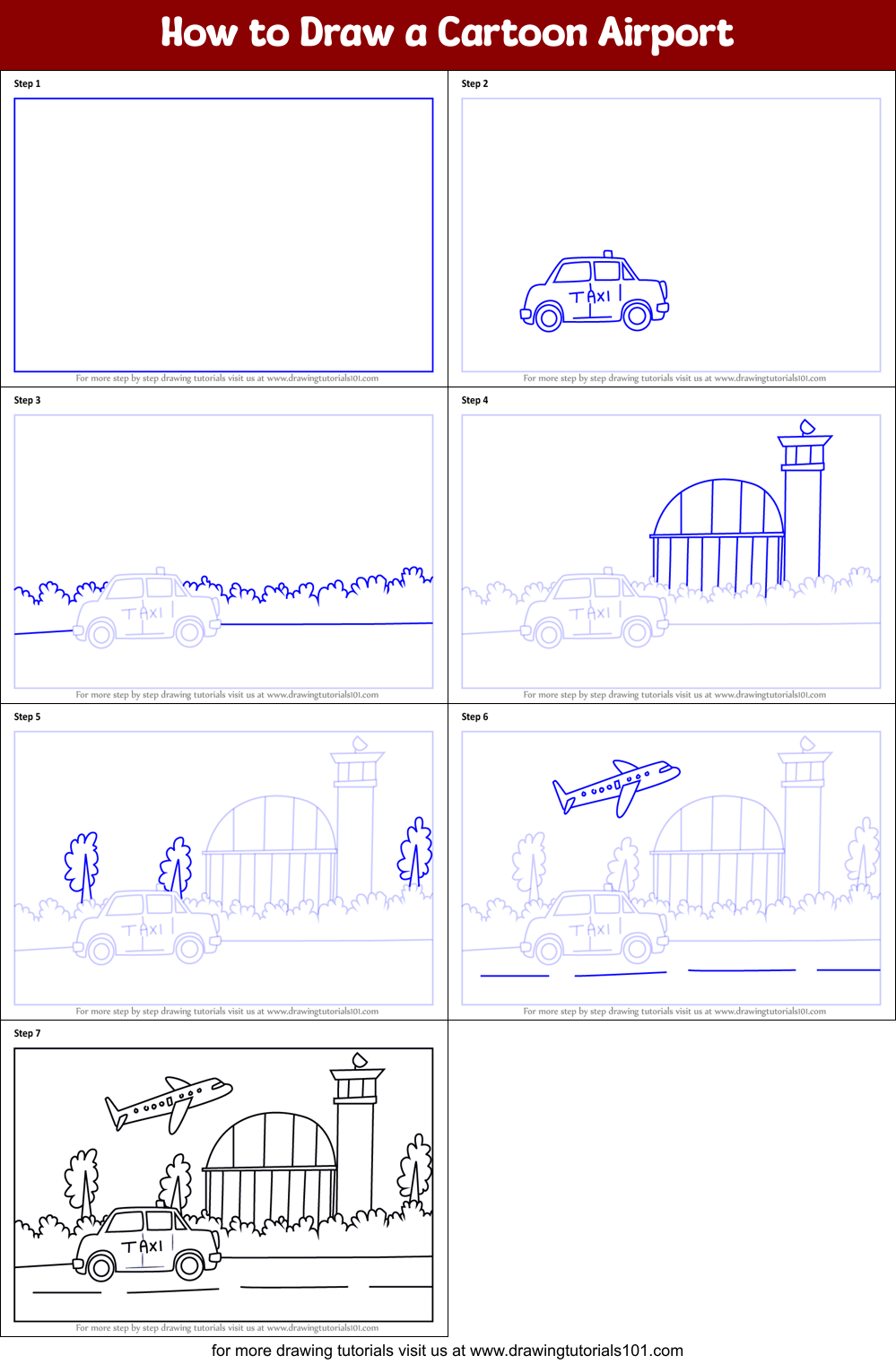 How to Draw a Cartoon Airport printable step by step drawing sheet :  