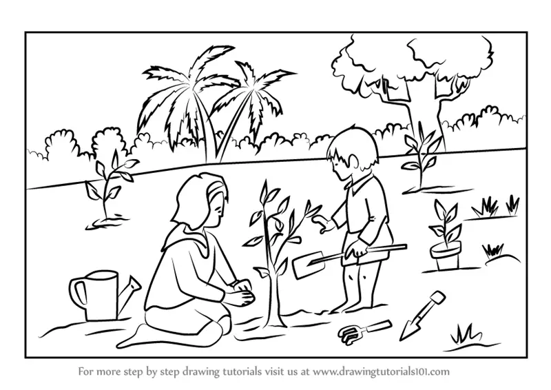 How to Draw Tree Planting Scene Video : 