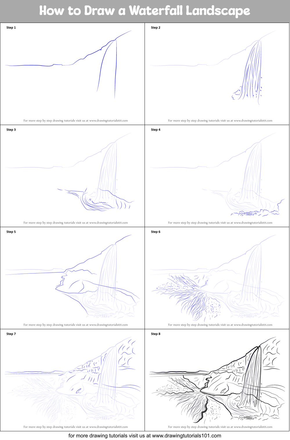 How To Draw A Waterfall Landscape Printable Step By Step Drawing Sheet Drawingtutorials101 Com