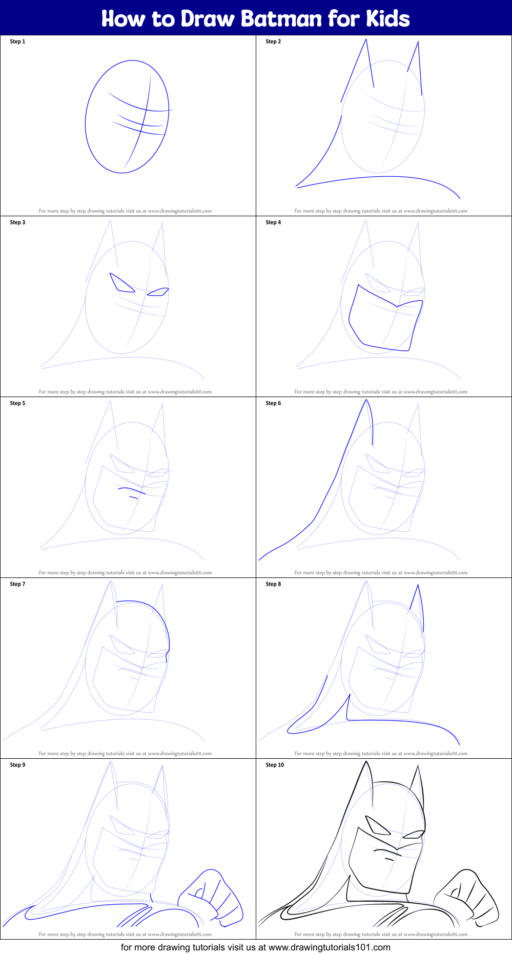 How to Draw Batman for Kids printable step by step drawing sheet :  
