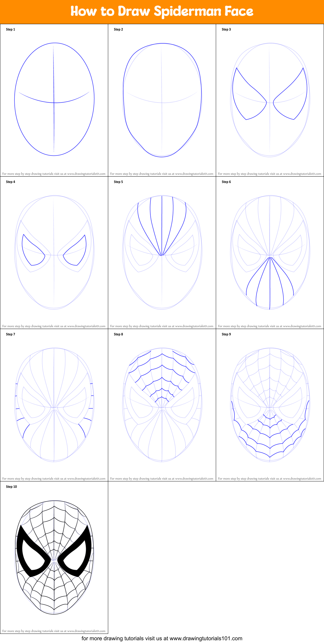 How to Draw Spiderman Face printable step by step drawing sheet ...