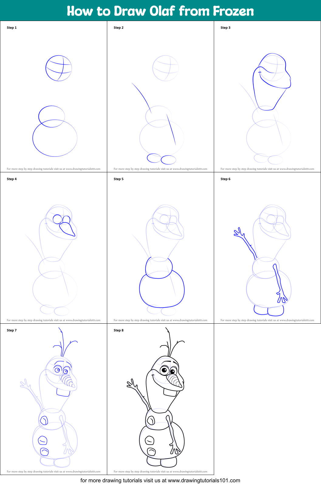 How to Draw Olaf from Frozen printable step by step drawing sheet :  