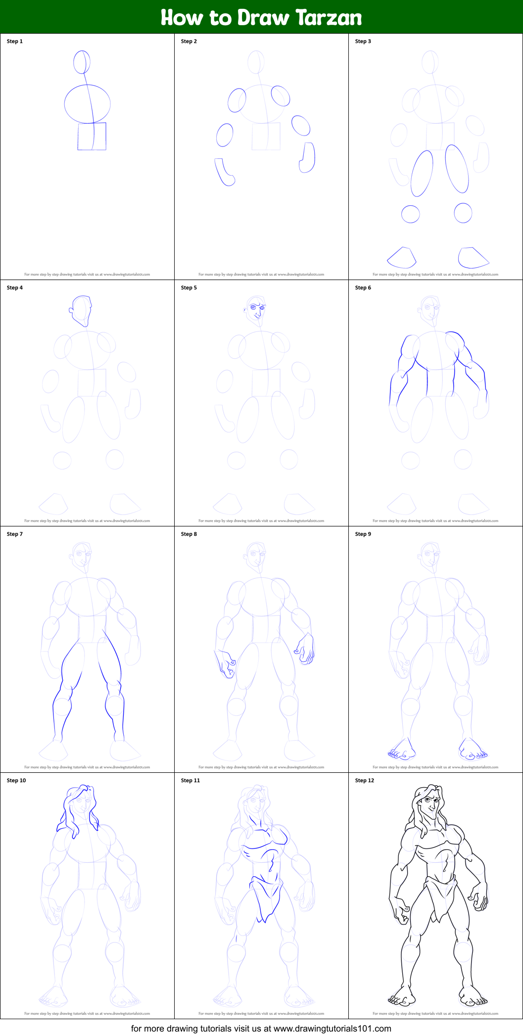 How To Draw Tarzan Printable Step By Step Drawing Sheet Drawingtutorials101 Com Start by drawing a circle near the top, right side of the page. how to draw tarzan printable step by