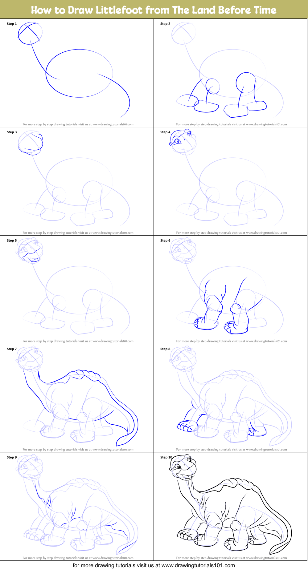 How to Draw Littlefoot from The Land Before Time printable step by ...