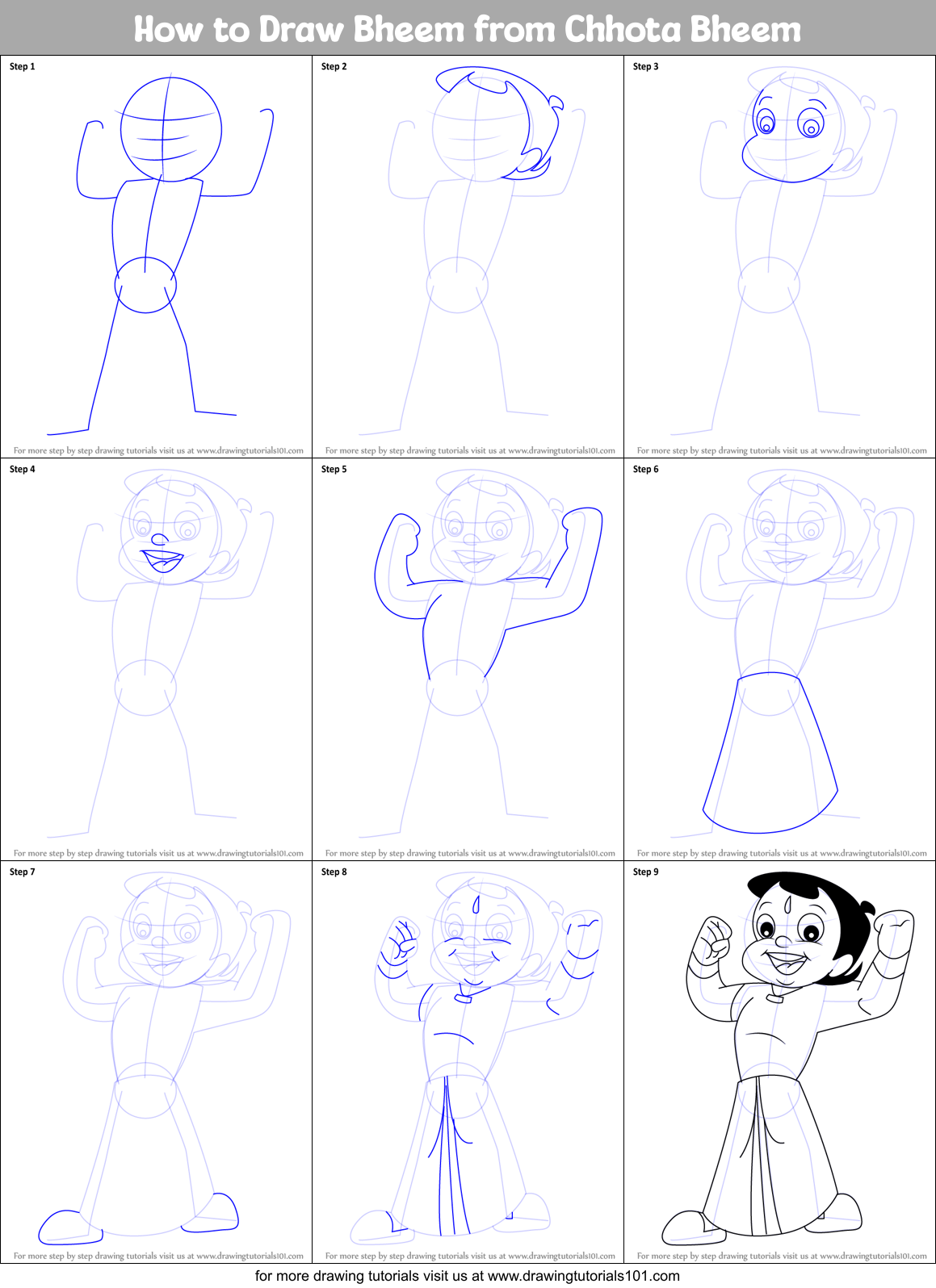 How to Draw Bheem from Chhota Bheem printable step by step drawing sheet :  