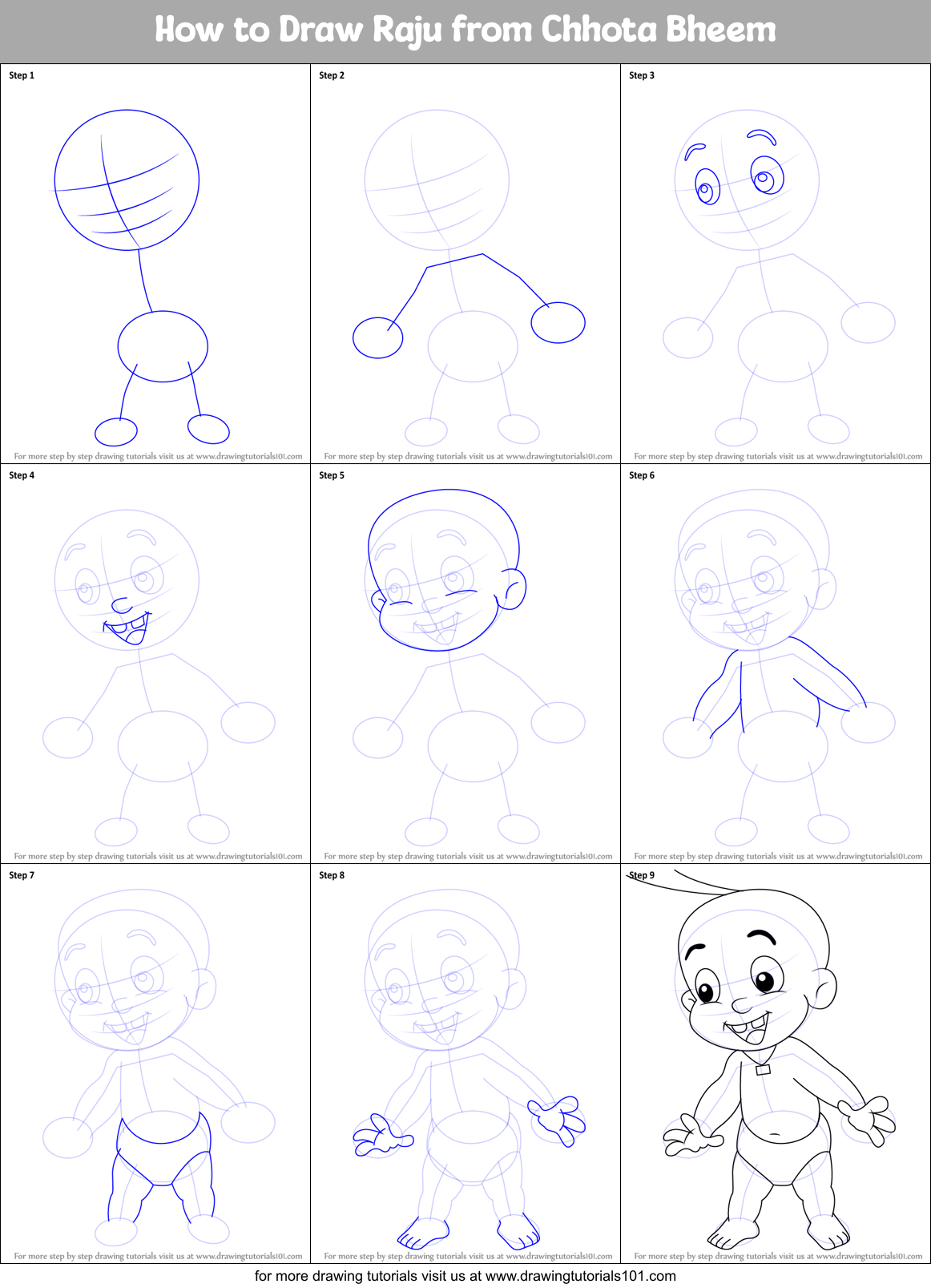 How to Draw Raju from Chhota Bheem printable step by step drawing sheet :  