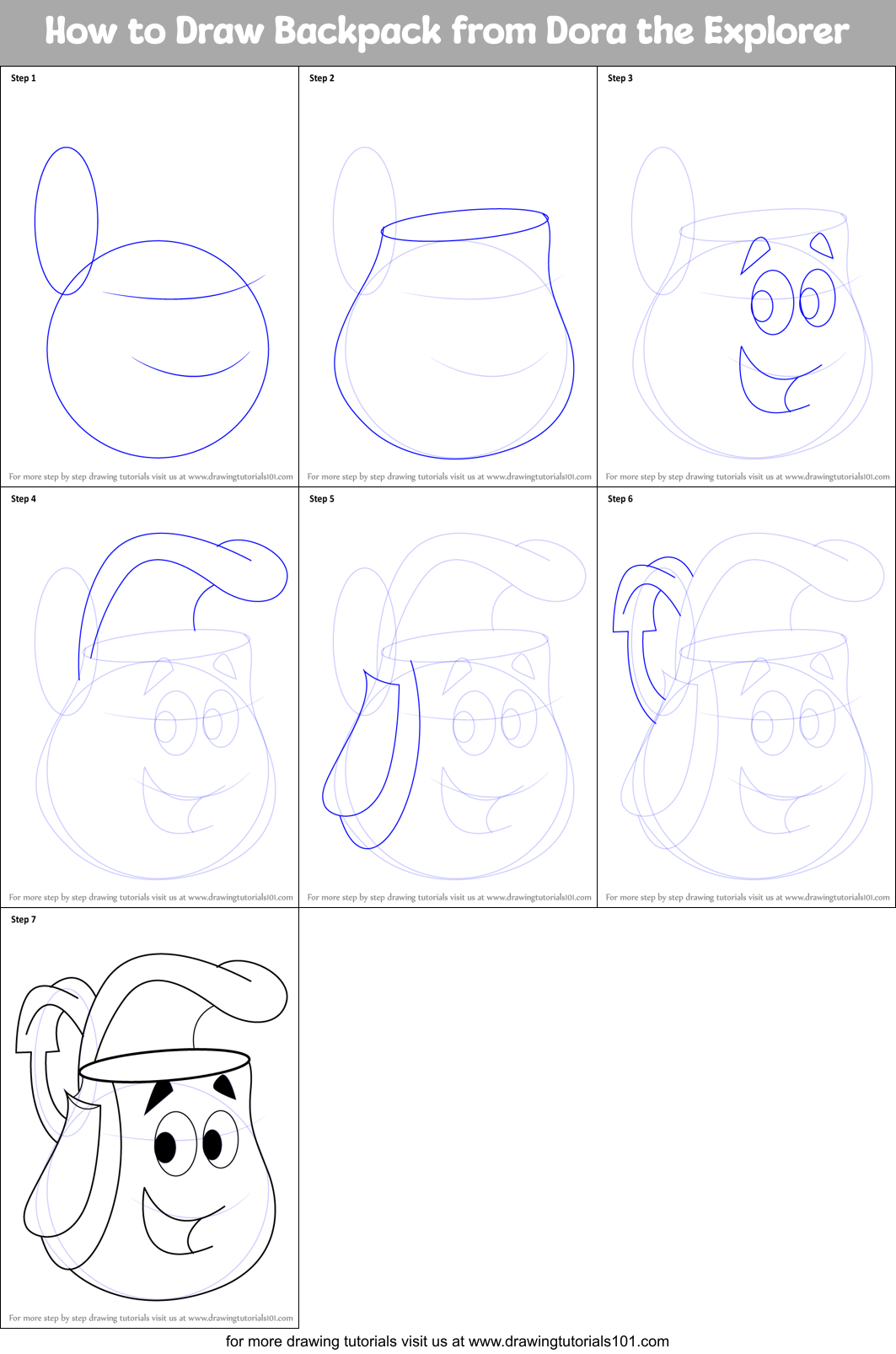 How to Draw Backpack Dora the Explorer printable step by step drawing sheet : DrawingTutorials101.com