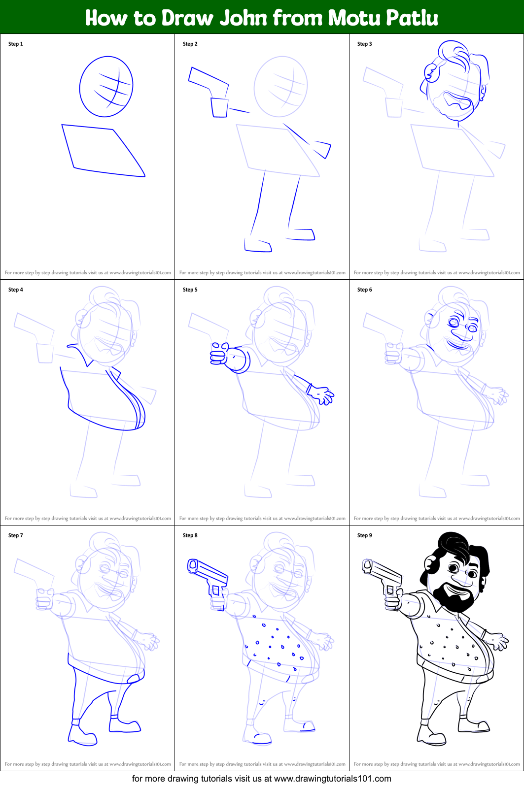 How to Draw John from Motu Patlu printable step by step drawing sheet :  