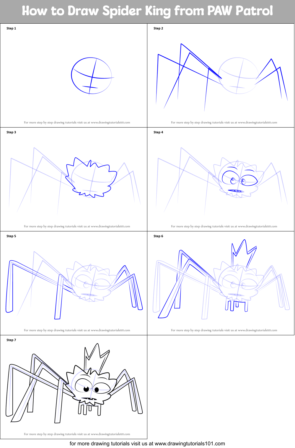 How to Draw Spider from PAW step by step drawing sheet : DrawingTutorials101.com