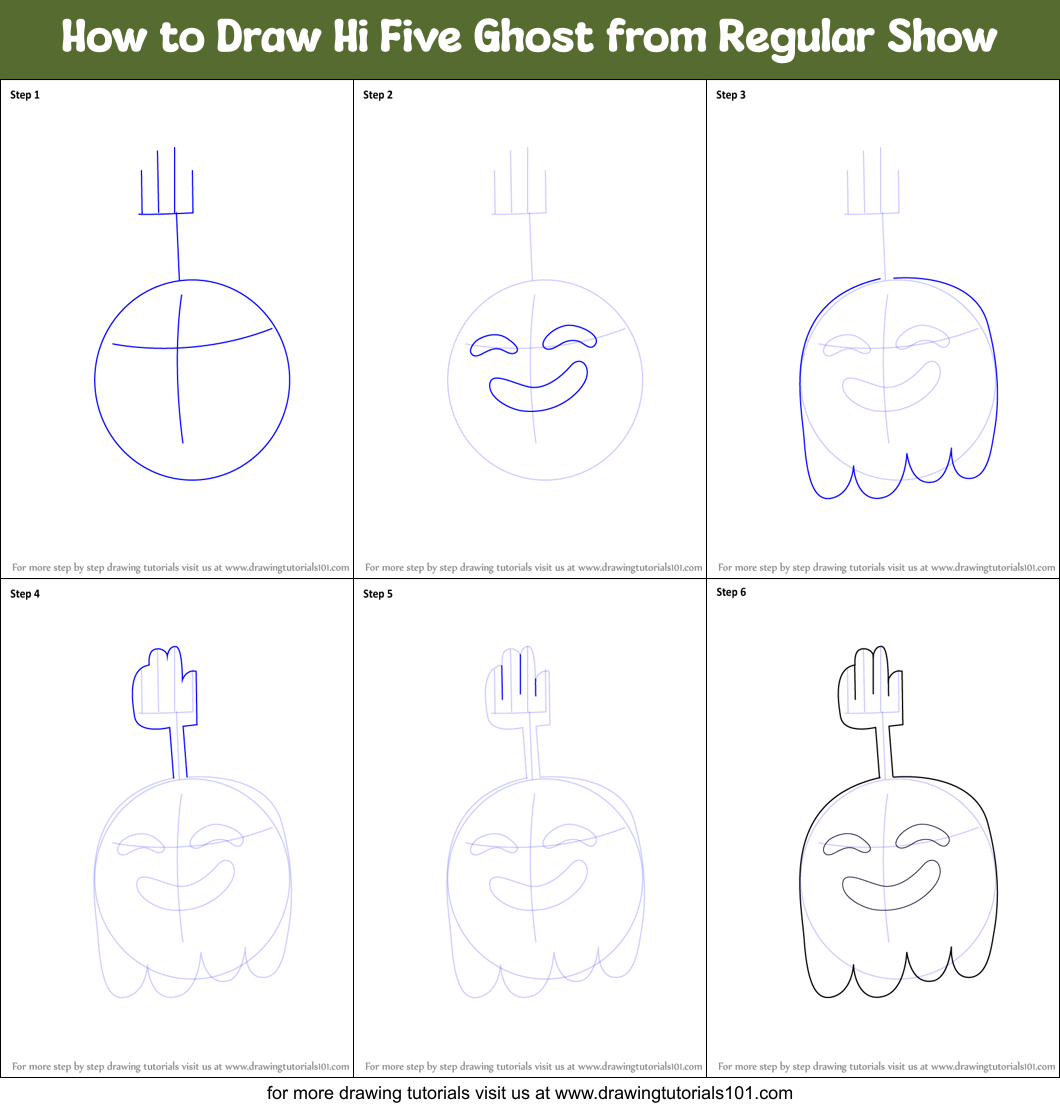 How to Draw Hi Five Ghost from Regular Show printable step by step drawing  sheet : 