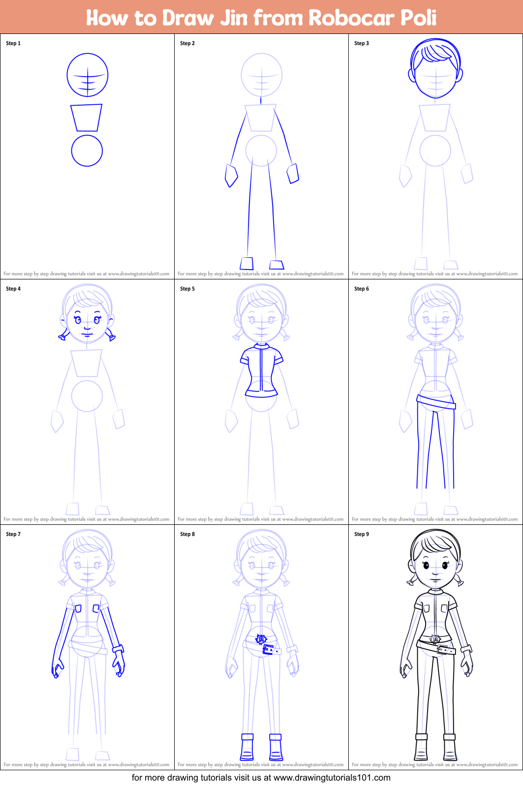 How to Draw Jin from Robocar Poli printable step by step drawing sheet :  