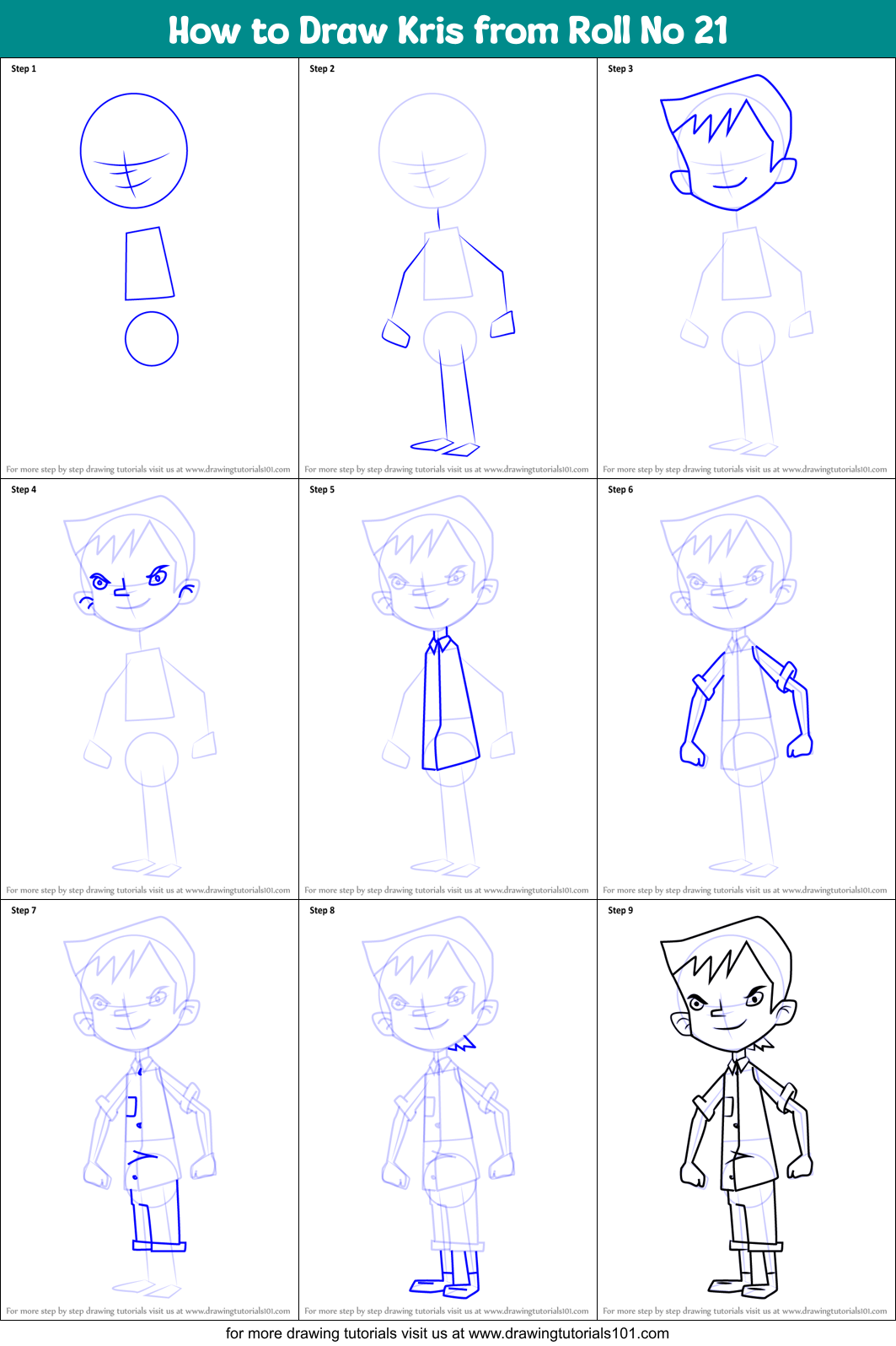 How to Draw Kris from Roll No 21 printable step by step drawing sheet :  