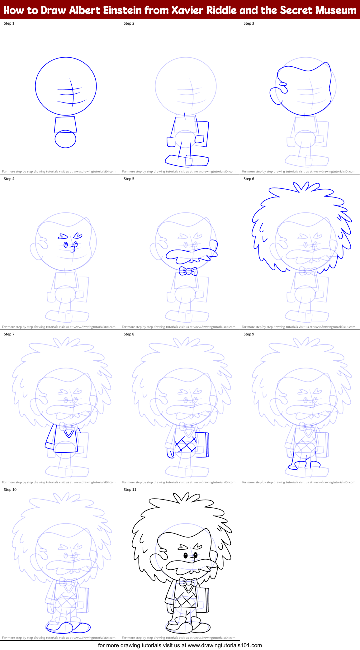 How to Draw Albert Einstein from Xavier Riddle and the Secret Museum  printable step by step drawing sheet : 