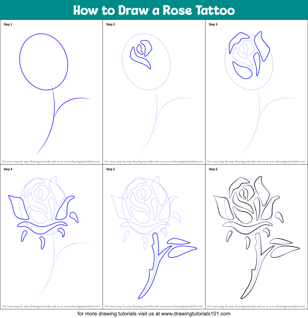How to Draw a Rose Tattoo printable step by step drawing sheet : DrawingTutorials101.com