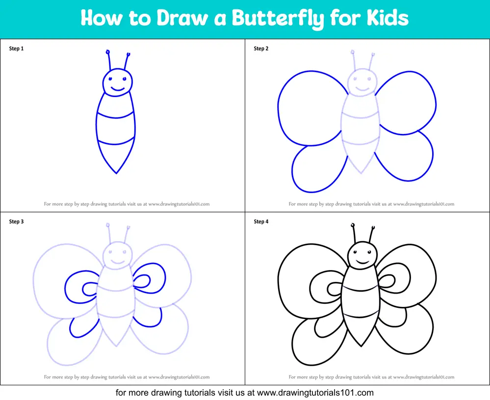 How To Draw A Butterfly For Kids Printable Step By Step Drawing Sheet Drawingtutorials101 Com Draw the body and head of the butterfly in the center of the vertical line. butterfly for kids printable step