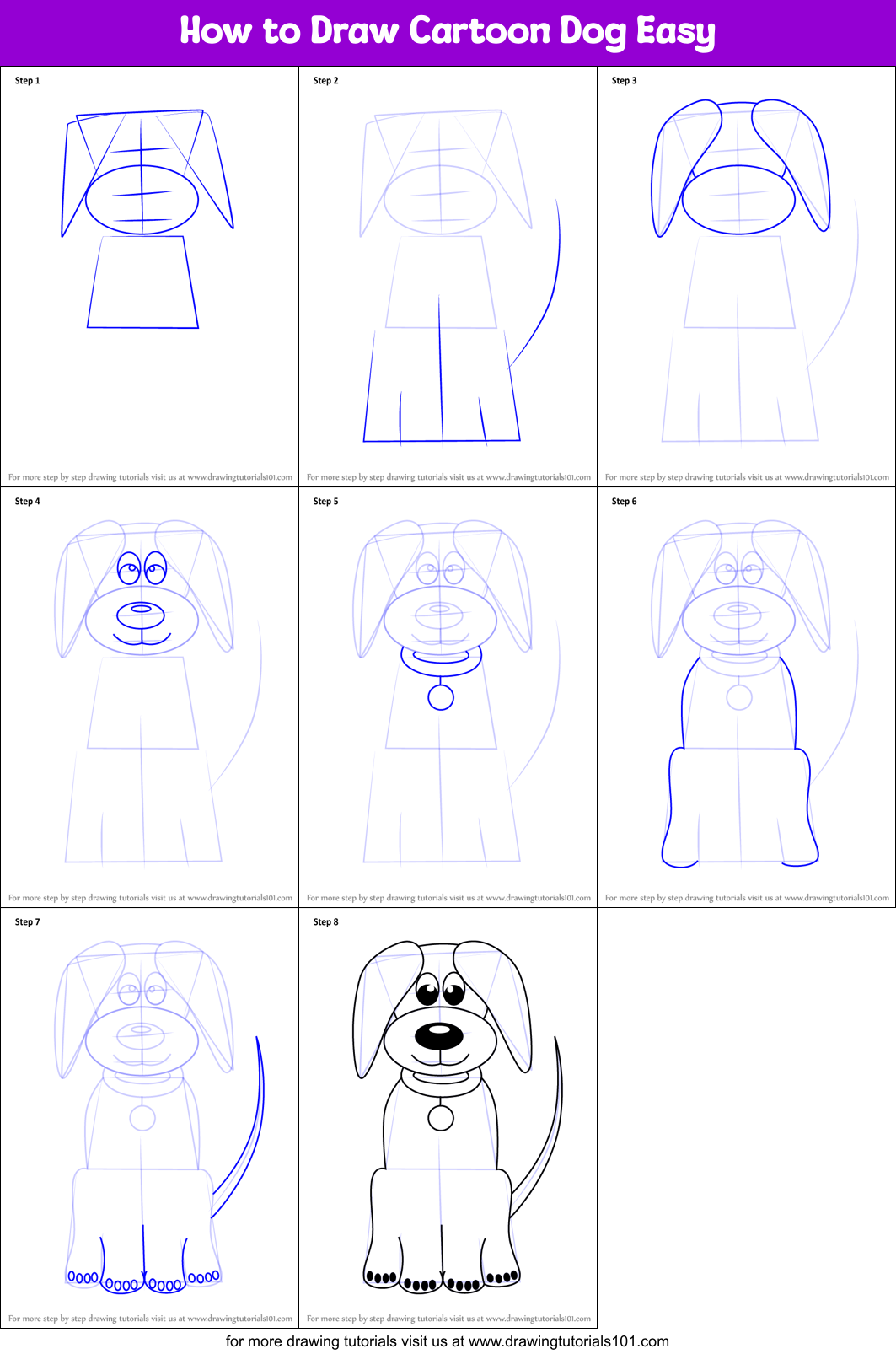 How to Draw Cartoon Dog Easy printable step by step drawing sheet :  