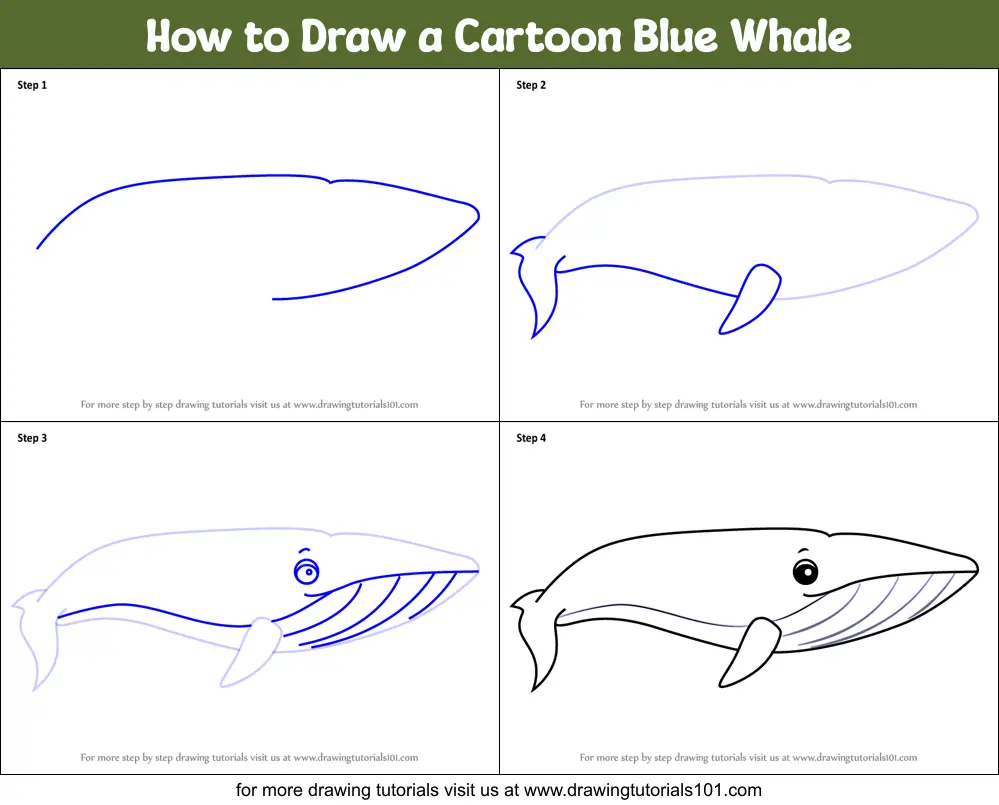 How to Draw a Cartoon Blue Whale printable step by step drawing sheet :  