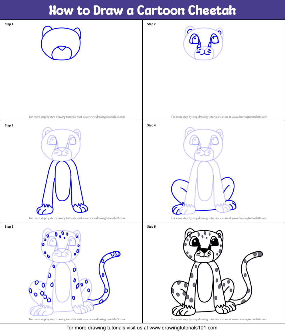How to Draw a Cartoon Cheetah printable step by step drawing sheet :  