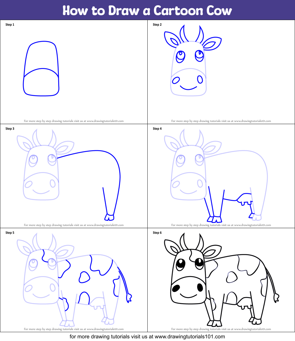 How to Draw a Cartoon Cow printable step by step drawing sheet :  