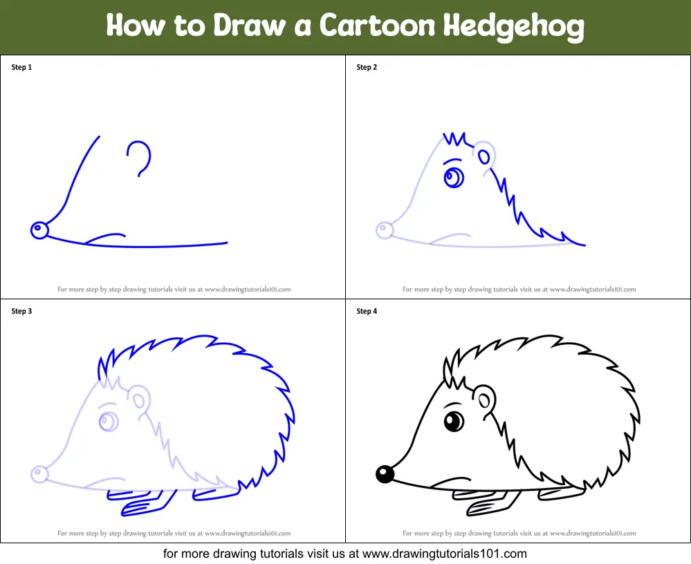 How to Draw a Cartoon Hedgehog printable step by step drawing sheet :  