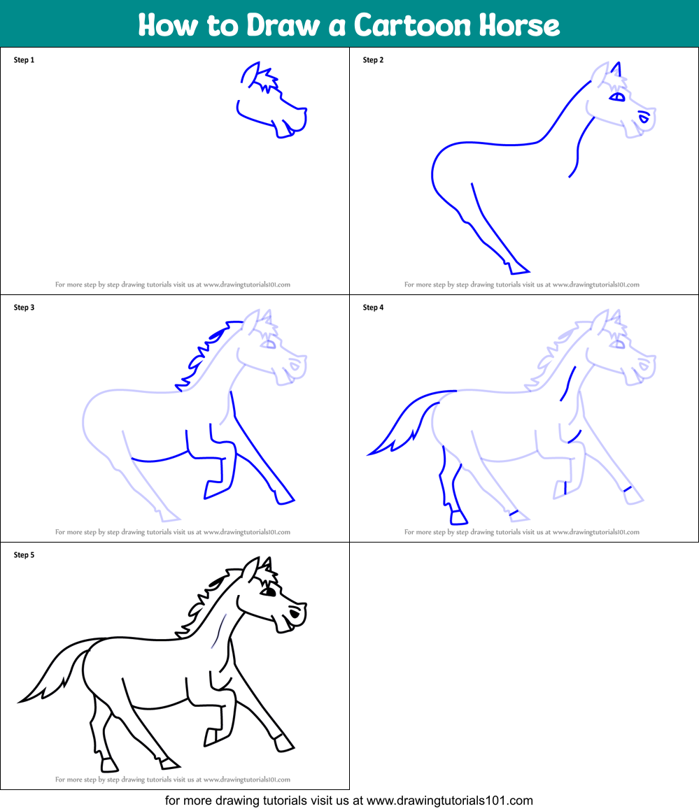 How to Draw a Cartoon Horse printable step by step drawing sheet :  