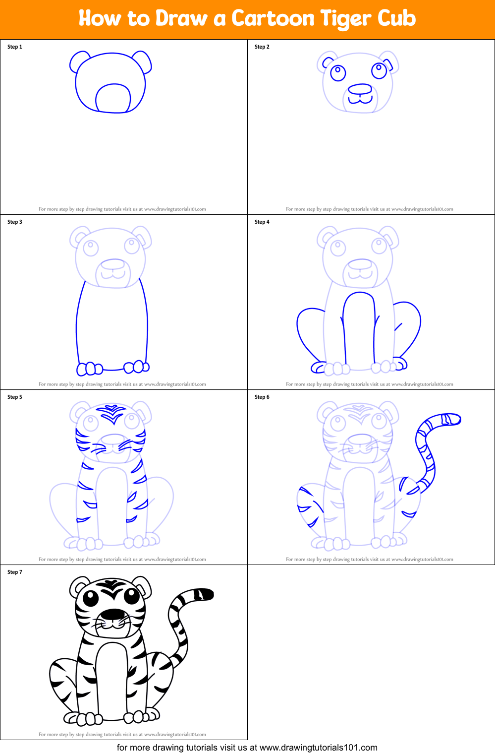 How to Draw a Cartoon Tiger Cub printable step by step drawing sheet :  