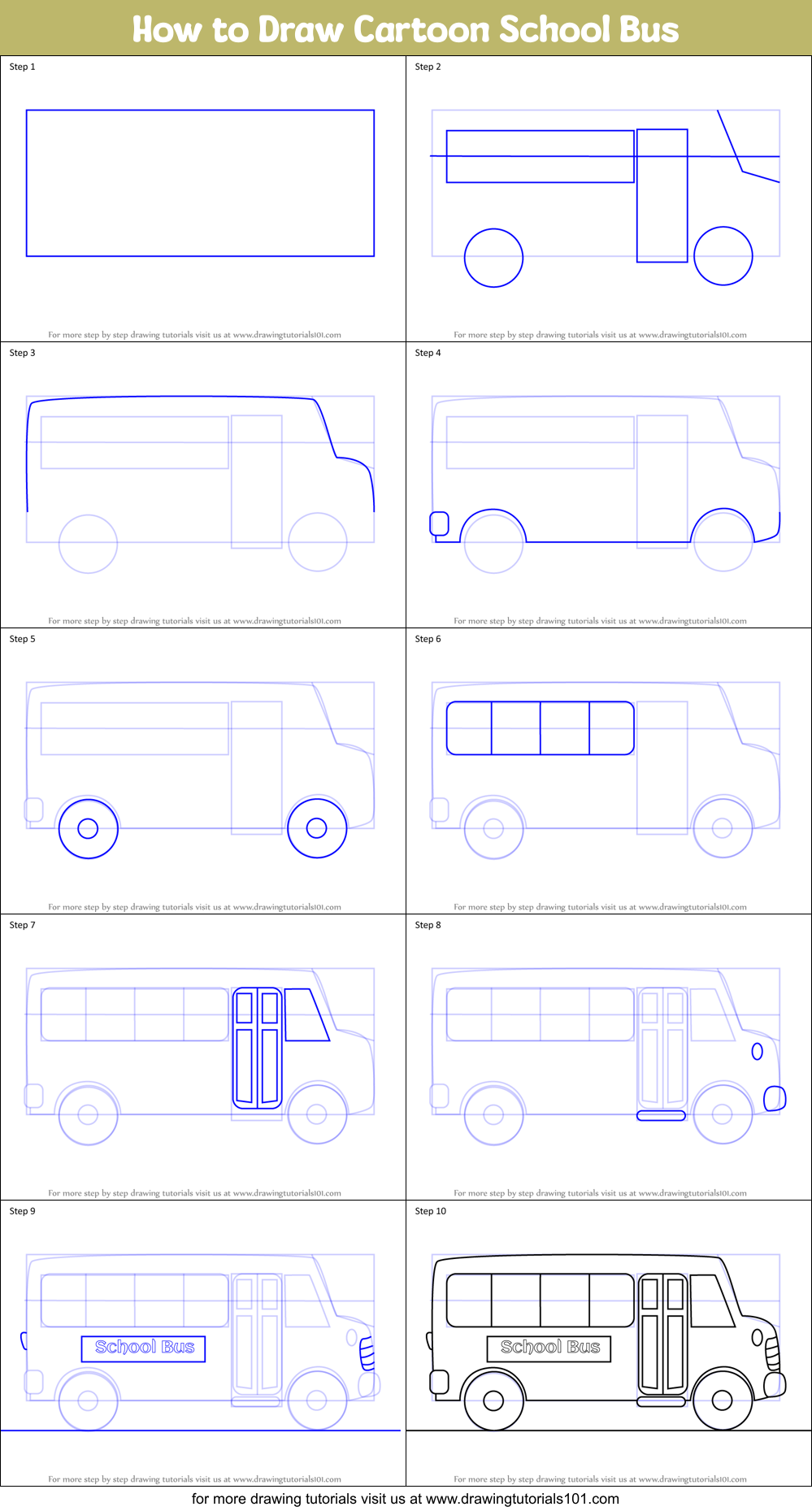 How to Draw Cartoon School Bus printable step by step drawing sheet :  