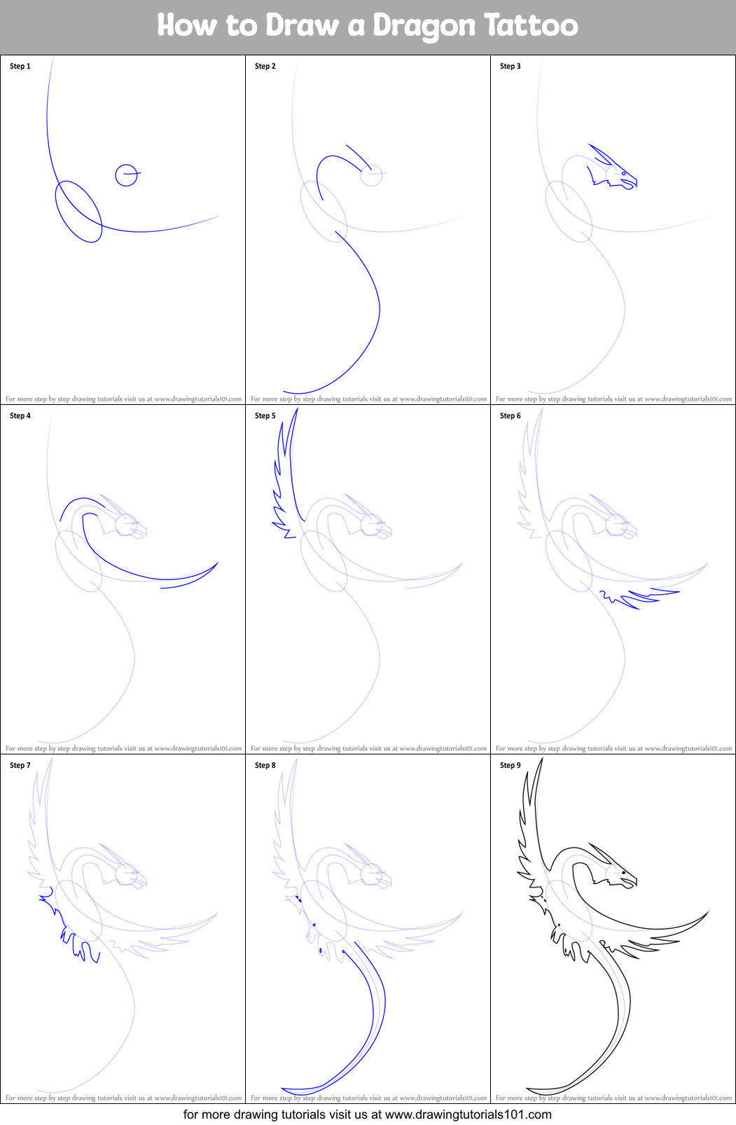 How to Draw a Dragon Tattoo printable step by step drawing sheet : DrawingTutorials101.com