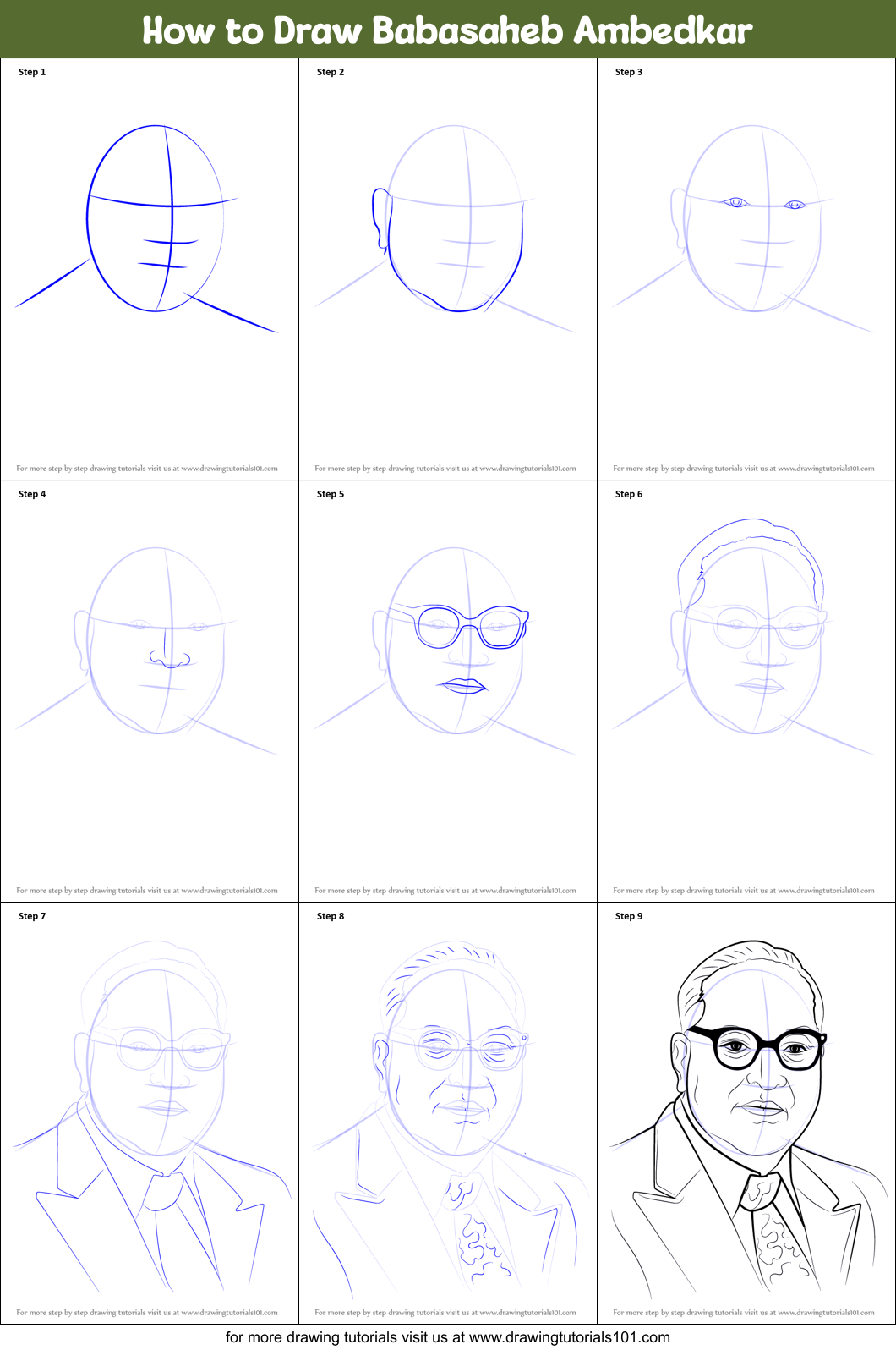 How to Draw Babasaheb Ambedkar printable step by step drawing ...