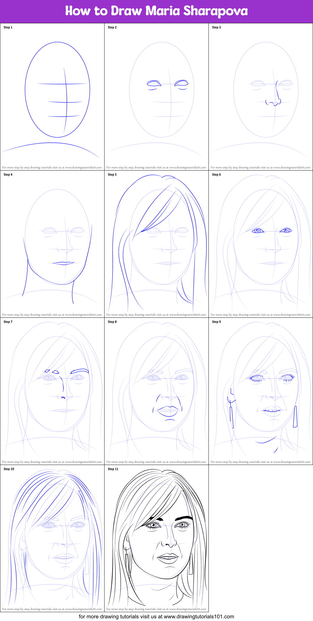 How to Draw Maria Sharapova printable step by step drawing sheet :  DrawingTutorials101.com