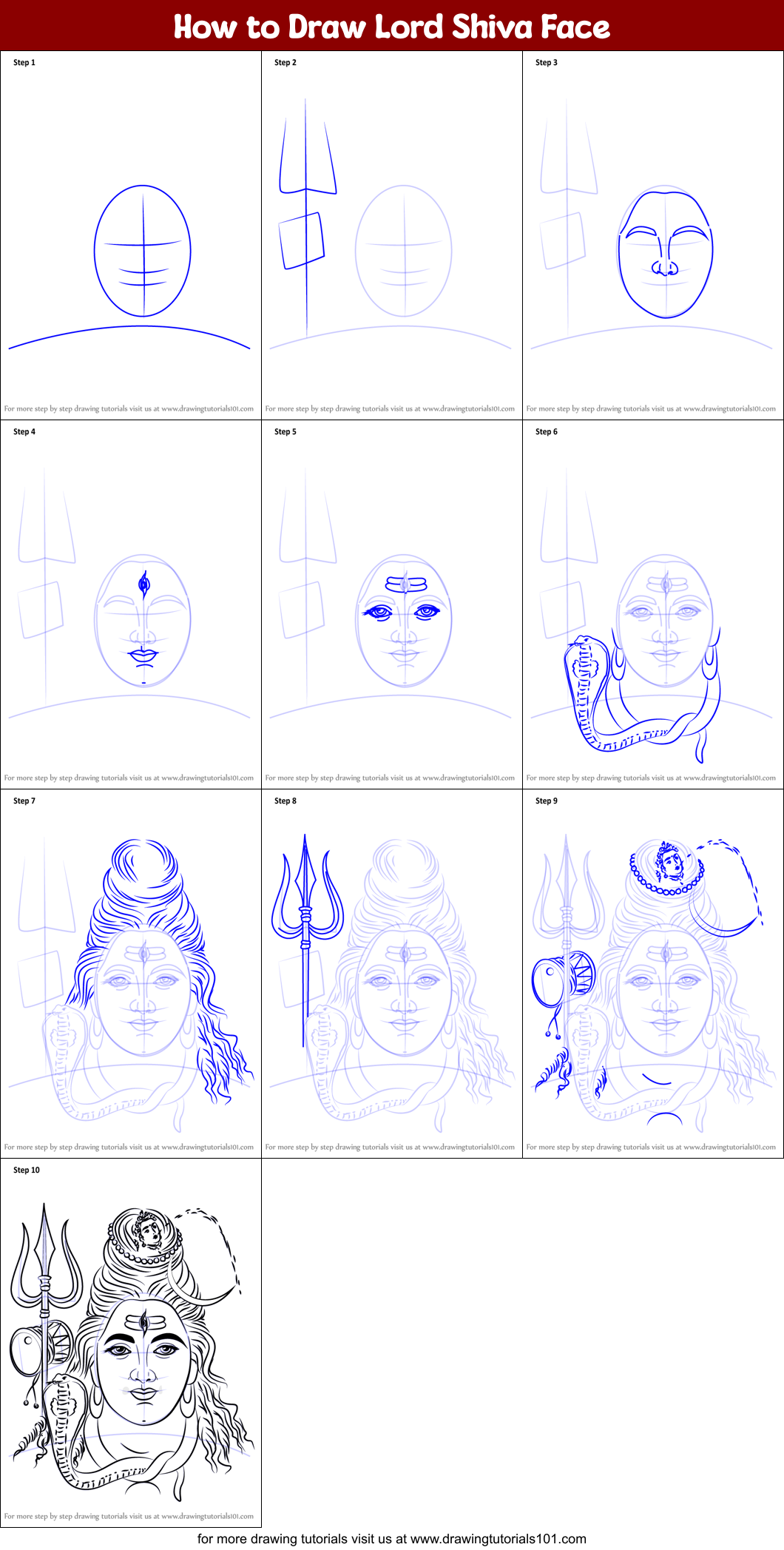 How to Draw Lord Shiva Face printable step by step drawing sheet :  