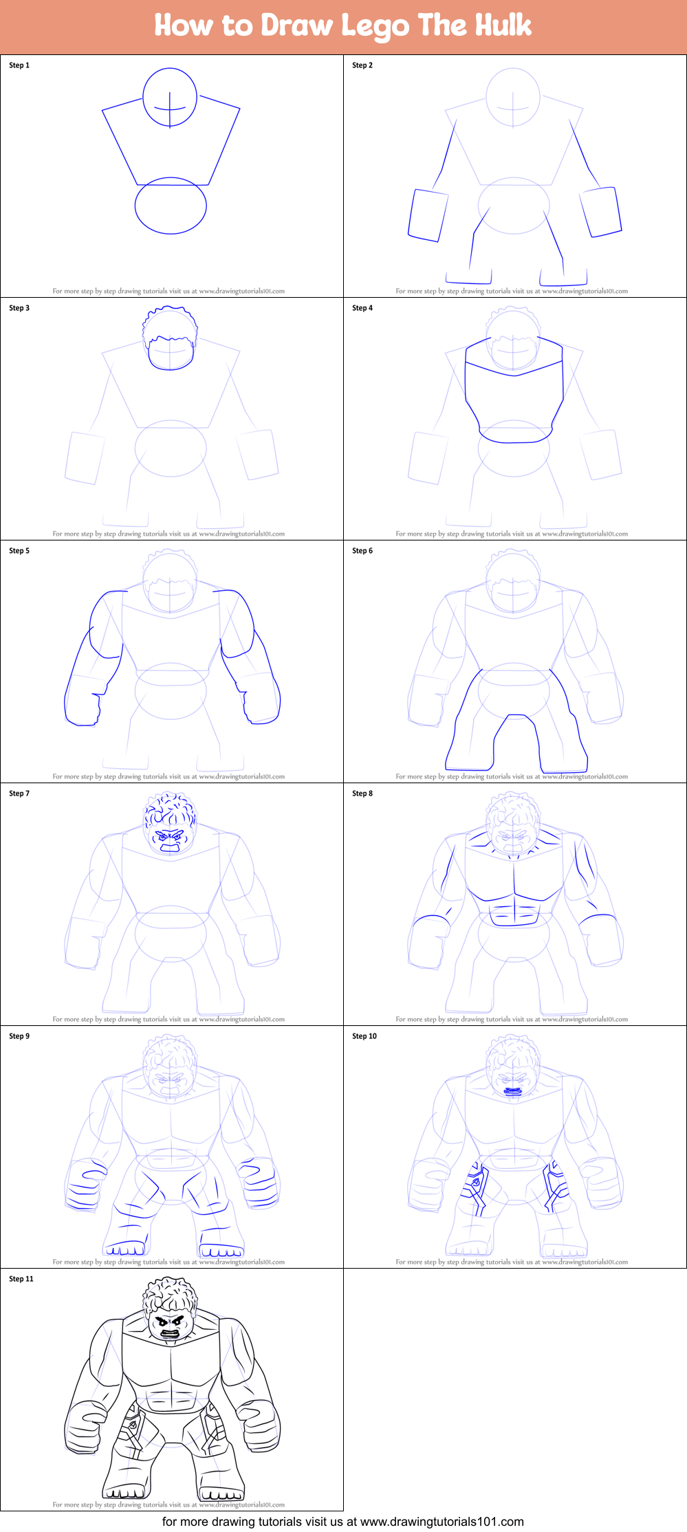to Draw Lego The Hulk printable step by step drawing sheet : DrawingTutorials101.com