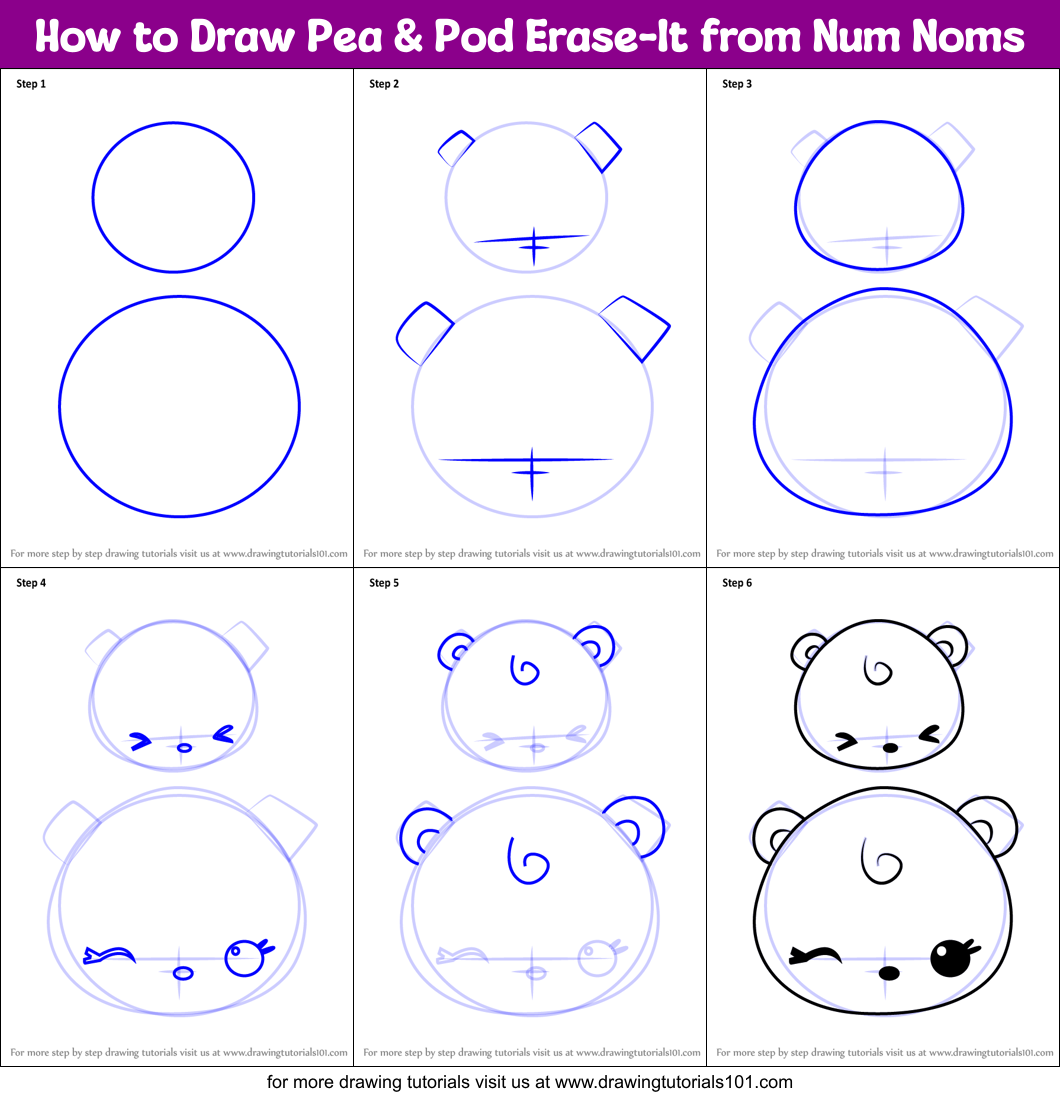 How to Draw Pea & Pod Erase-It from Num Noms printable step by step drawing  sheet : 