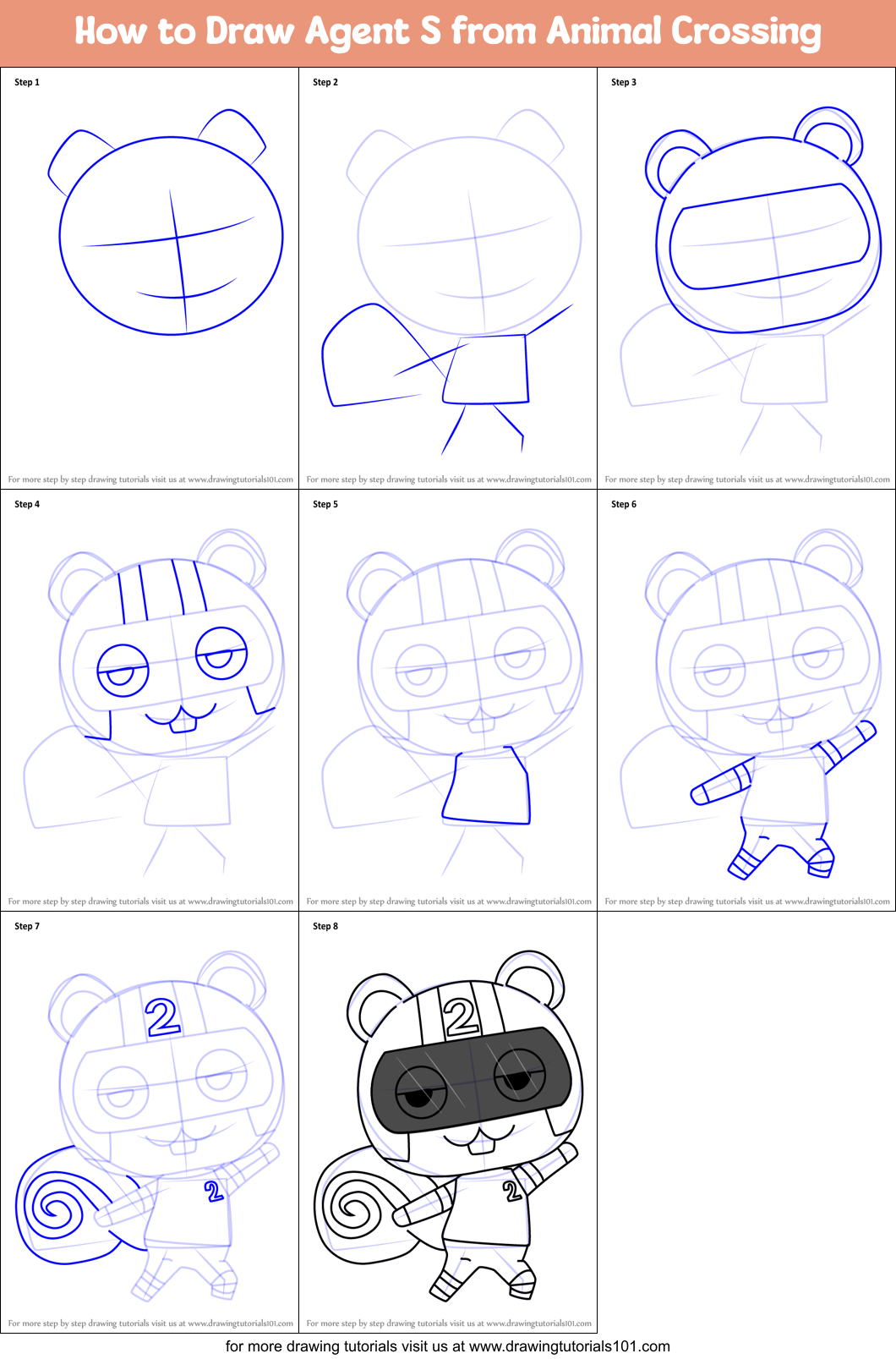 How to Draw Agent S from Animal Crossing printable step by step drawing  sheet : 
