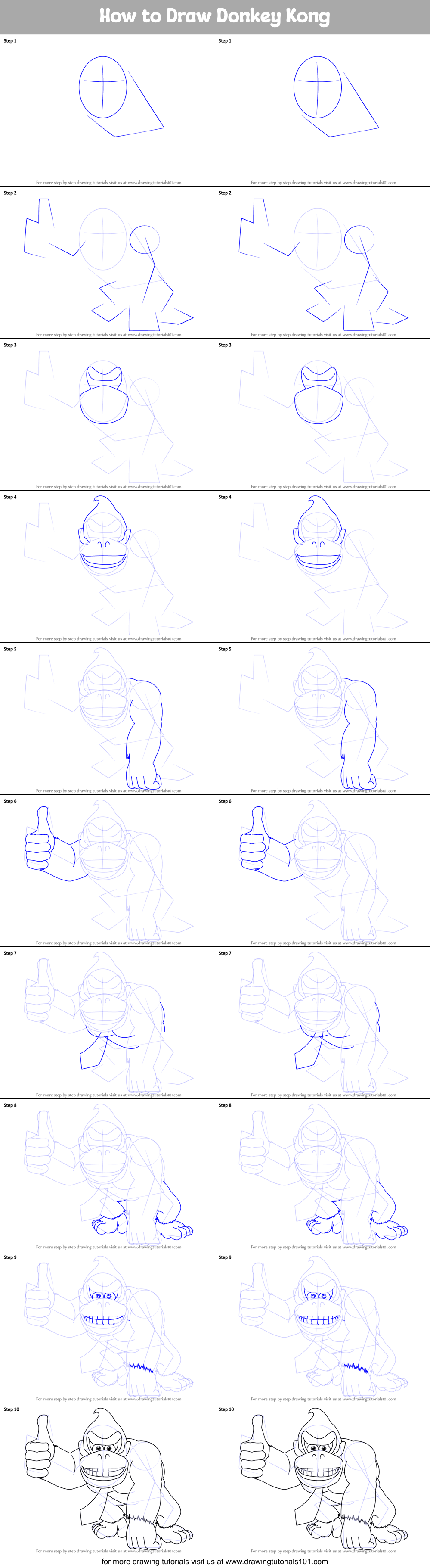 How to Draw Donkey Kong printable step by step drawing sheet ...
