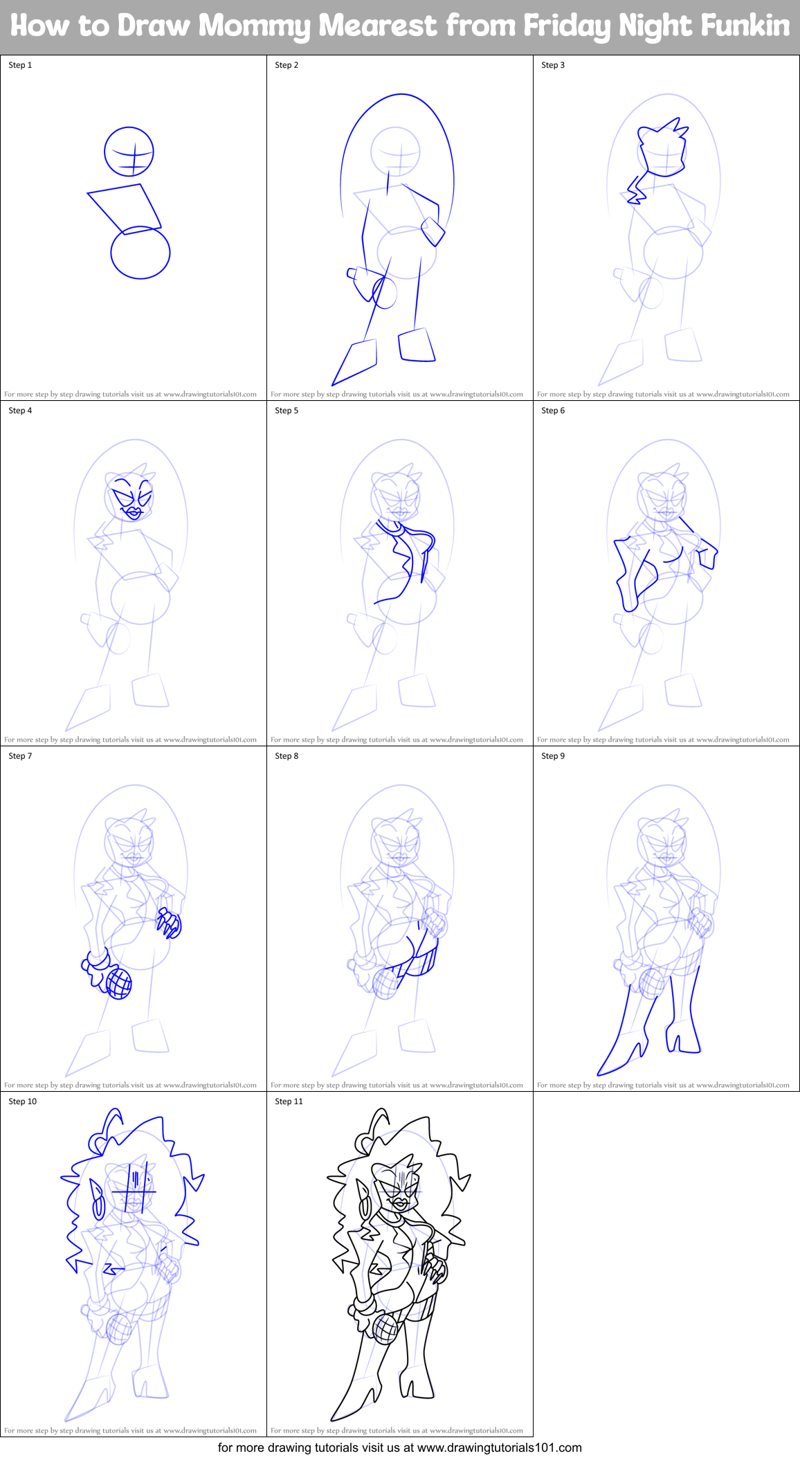 How to Draw Mommy Mearest from Friday Night Funkin printable step by step  drawing sheet : DrawingTutorials101.com