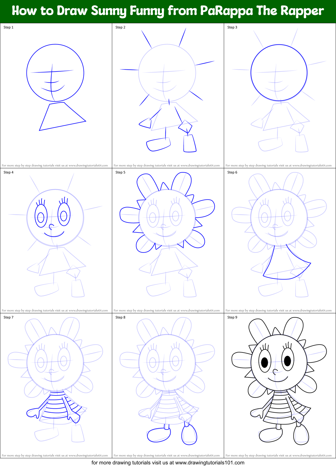 How to Draw Sunny Funny from PaRappa The Rapper printable step by step  drawing sheet : 