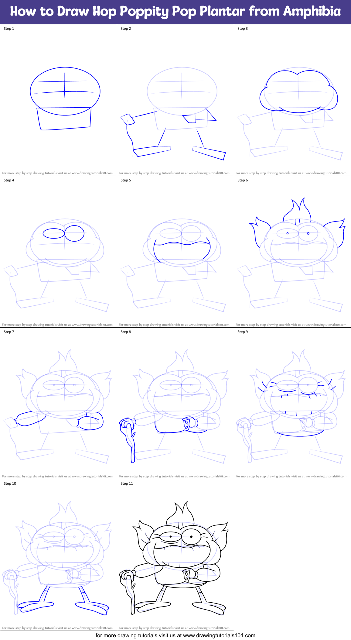 How to Draw Hop Poppity Pop Plantar from Amphibia Printable Step by Step