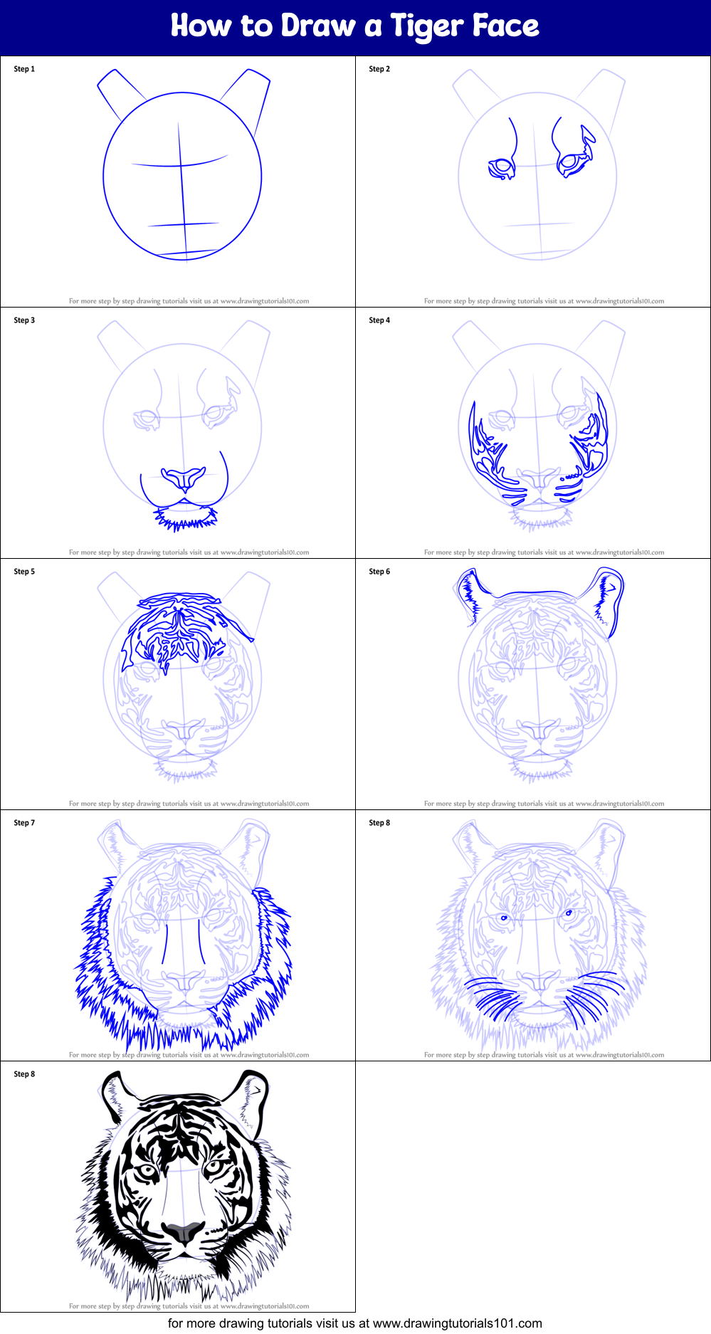 How to Draw a Tiger Face (Big Cats) Step by Step | DrawingTutorials101.com