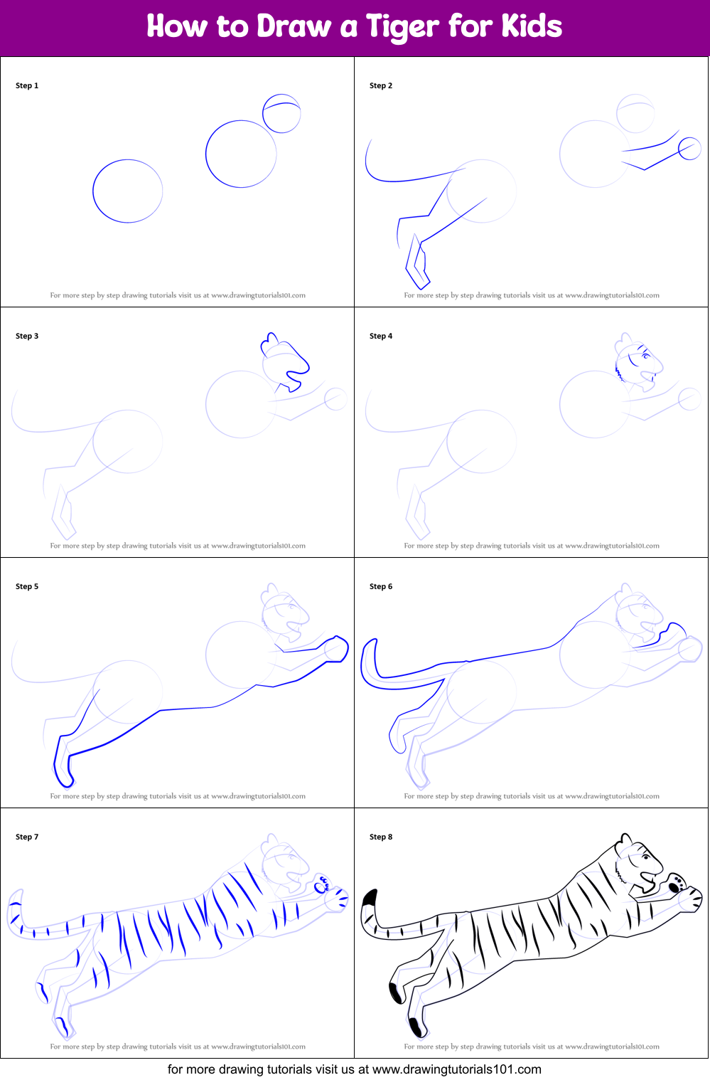 How to Draw a Tiger for Kids Printable Step by Step